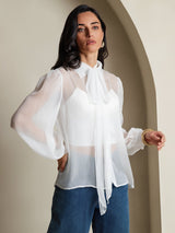[White] SilkSilky  6Momme Silk Chiffon Long Sleeve Tie Neck Women's Shirt 004