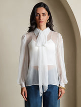 [White] SilkSilky  6Momme Silk Chiffon Long Sleeve Tie Neck Women's Shirt 005