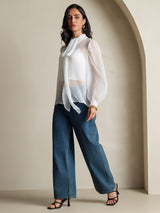 [White] SilkSilky  6Momme Silk Chiffon Long Sleeve Tie Neck Women's Shirt 006