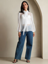 [White] SilkSilky  6Momme Silk Chiffon Long Sleeve Tie Neck Women's Shirt 007