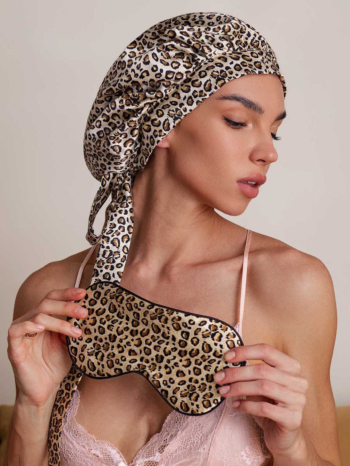 Leopard Eye Mask Pure Silk Leopard Pattern Bonnet+Eye Mask Set – SILKSILKY