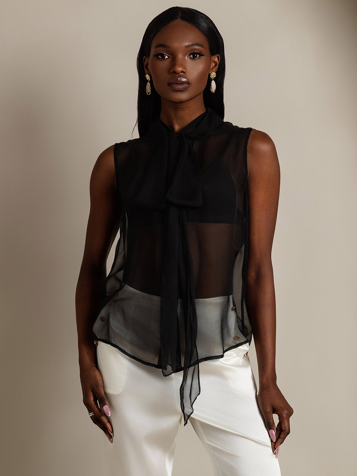 [Black] SilkSilky  6Momme Silk Chiffon Sleeveless Tie Neck Women's Shirt 001