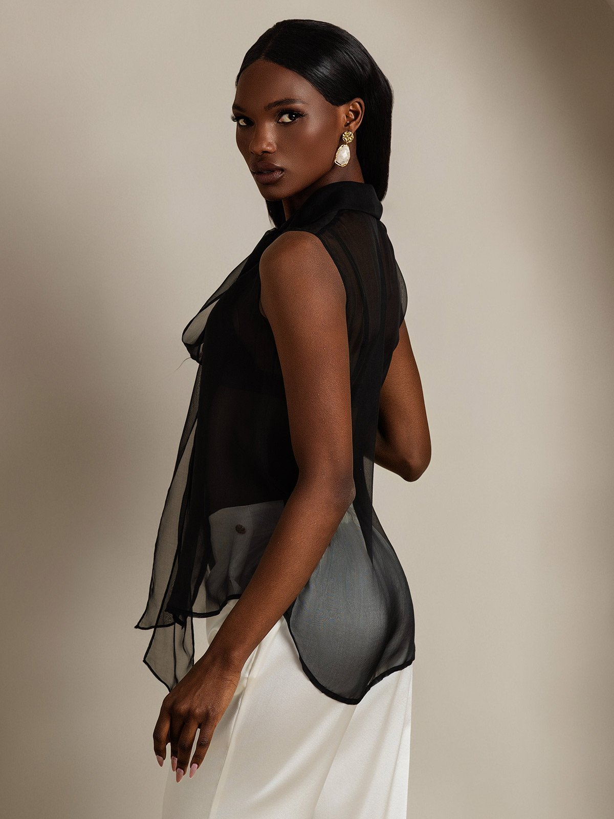[Black] SilkSilky  6Momme Silk Chiffon Sleeveless Tie Neck Women's Shirt 002