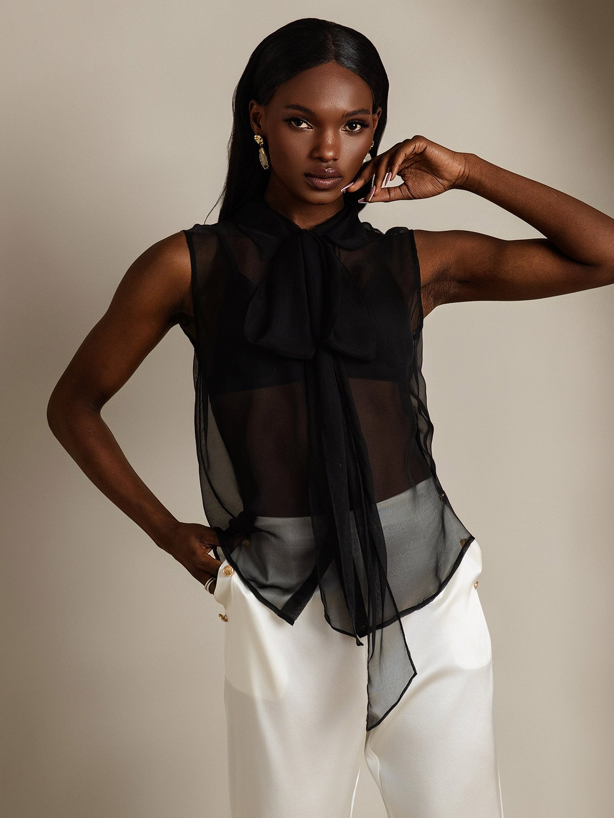 SilkSilky Pure Silk Sleeveless Tie Neck Women's Shirt Black 003