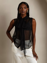 [Black] SilkSilky  6Momme Silk Chiffon Sleeveless Tie Neck Women's Shirt 004