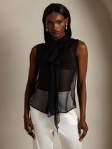 [Black] SilkSilky  6Momme Silk Chiffon Sleeveless Tie Neck Women's Shirt 005