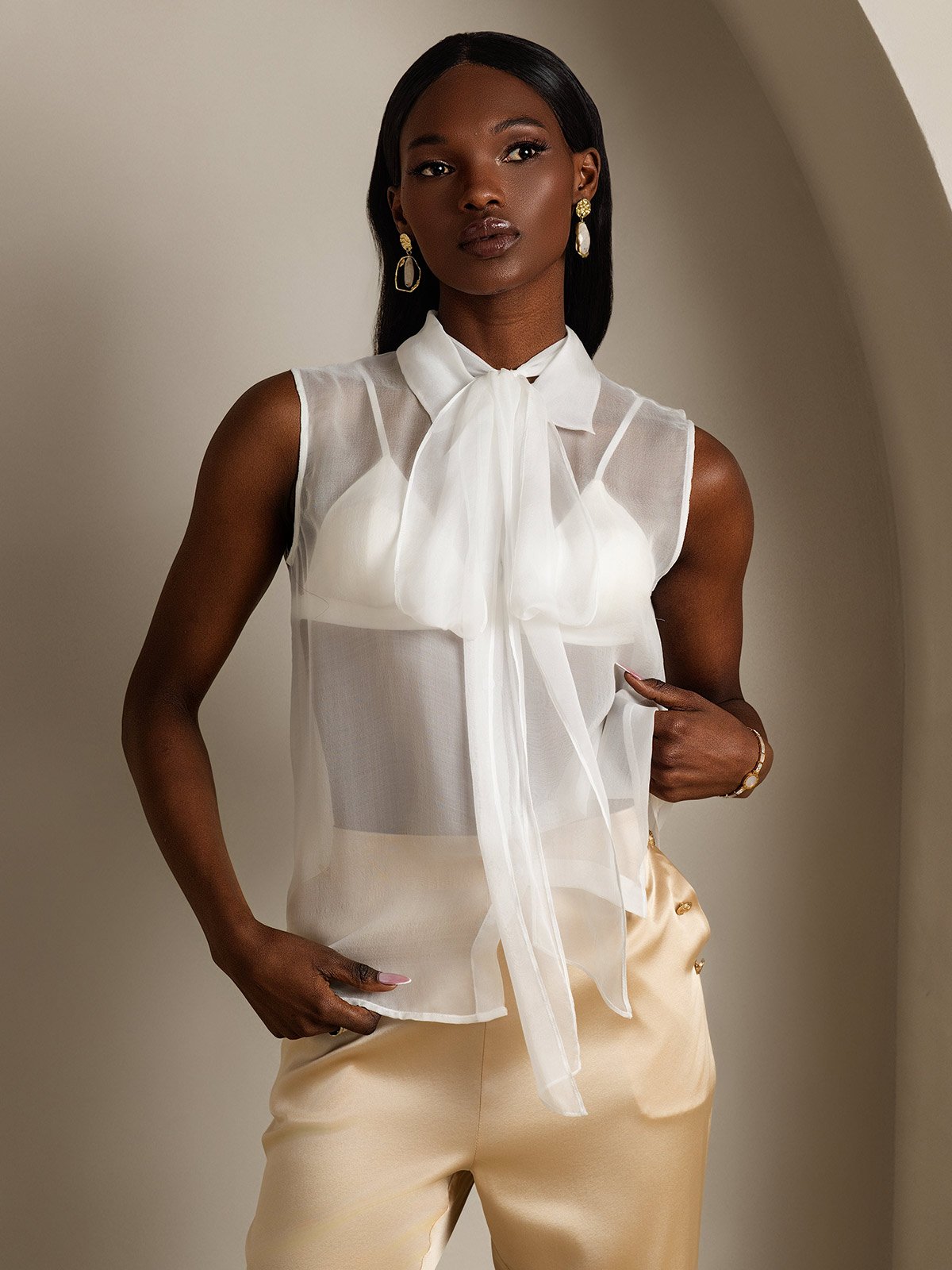 SilkSilky Pure Silk Sleeveless Tie Neck Women's Shirt White 006