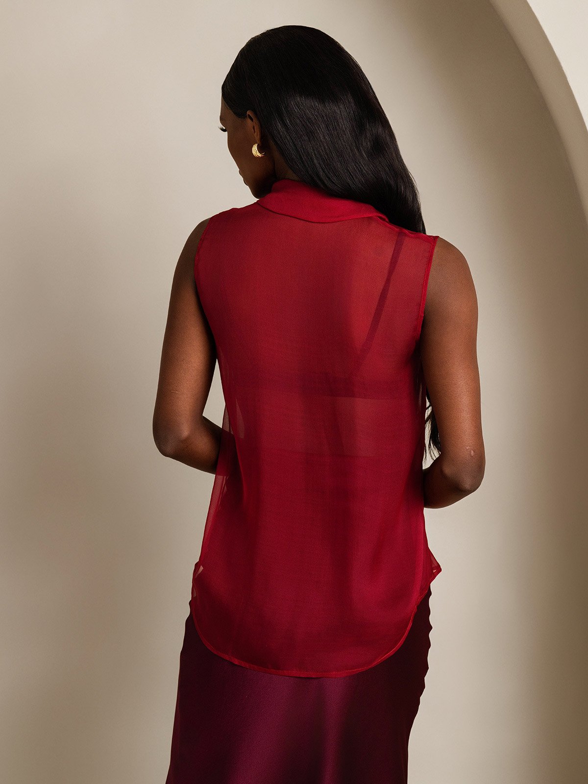 SilkSilky Pure Silk Sleeveless Tie Neck Women's Shirt Wine 002