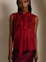 [Wine] SilkSilky  6Momme Silk Chiffon Sleeveless Tie Neck Women's Shirt 003