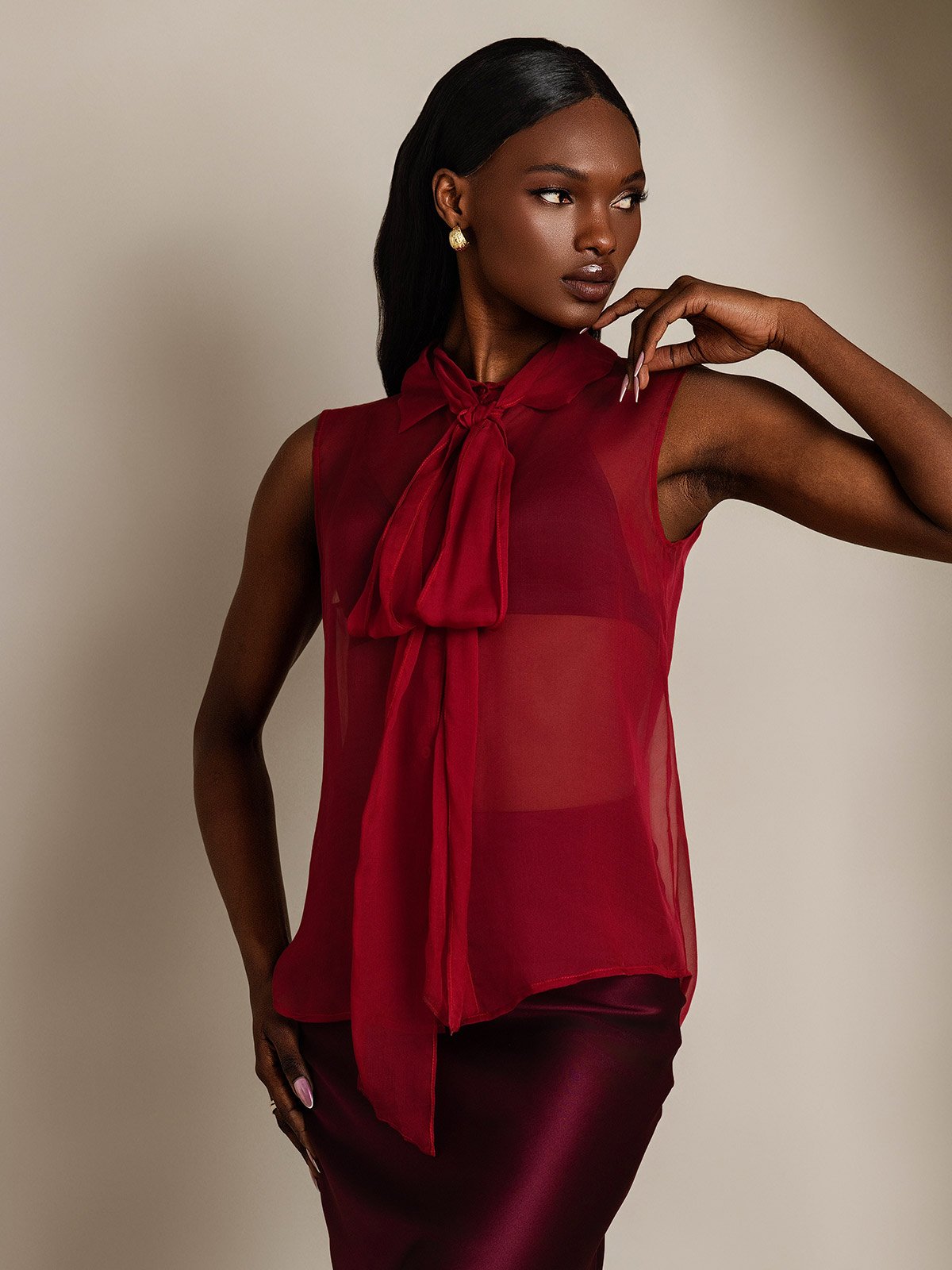SilkSilky Pure Silk Sleeveless Tie Neck Women's Shirt Wine 004