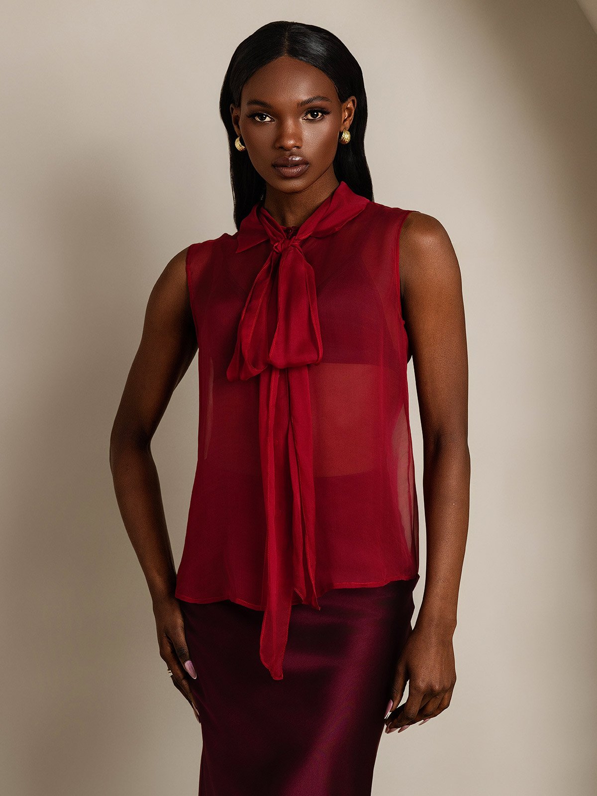 SilkSilky Pure Silk Sleeveless Tie Neck Women's Shirt Wine 005