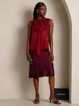 [Wine] SilkSilky  6Momme Silk Chiffon Sleeveless Tie Neck Women's Shirt 006