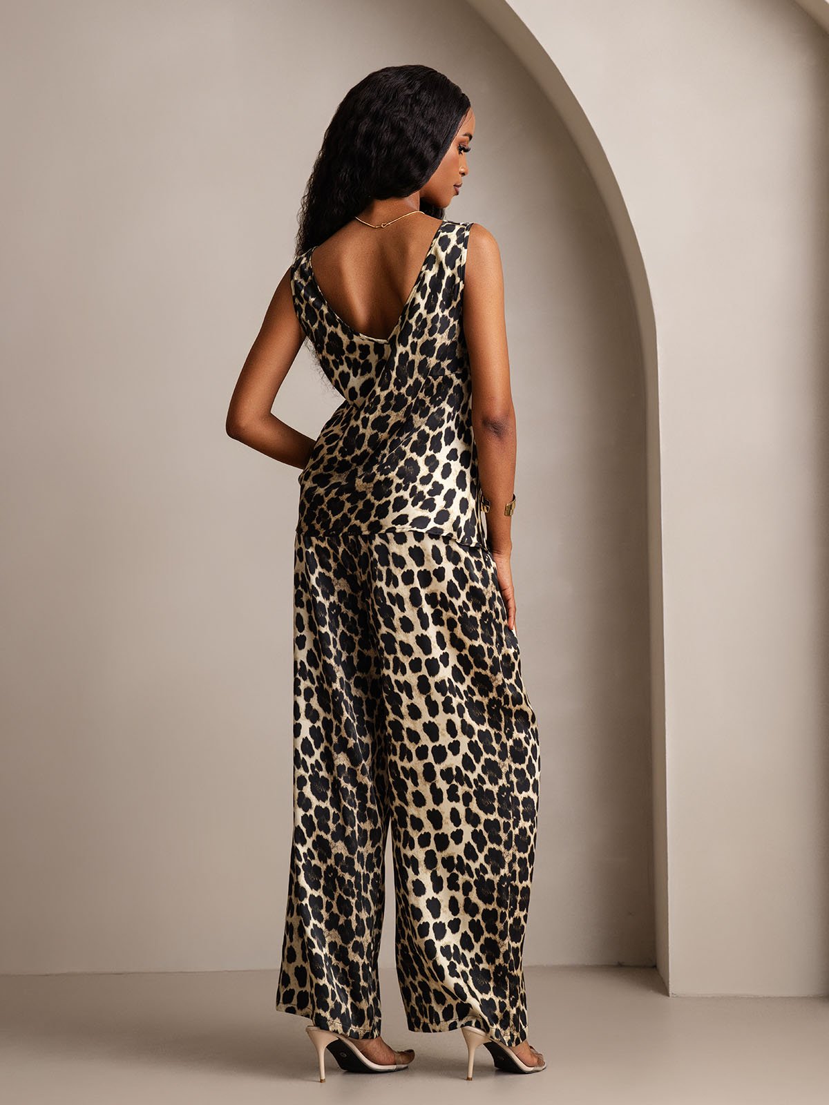 SilkSilky Pure Silk V Neck Women''s Outfit Sets Leopard 002