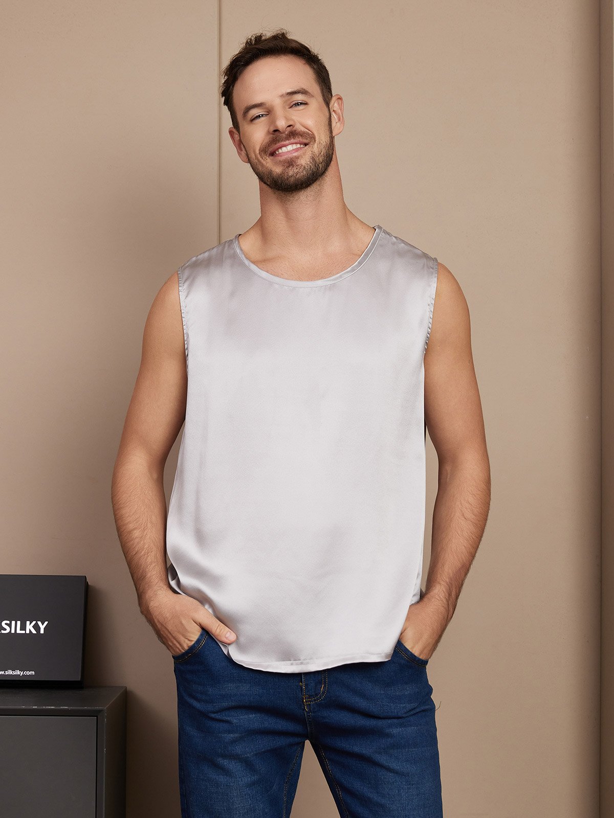 [Silver] SilkSilky Pure Silk Sleeveless Mens T-Shirt 001