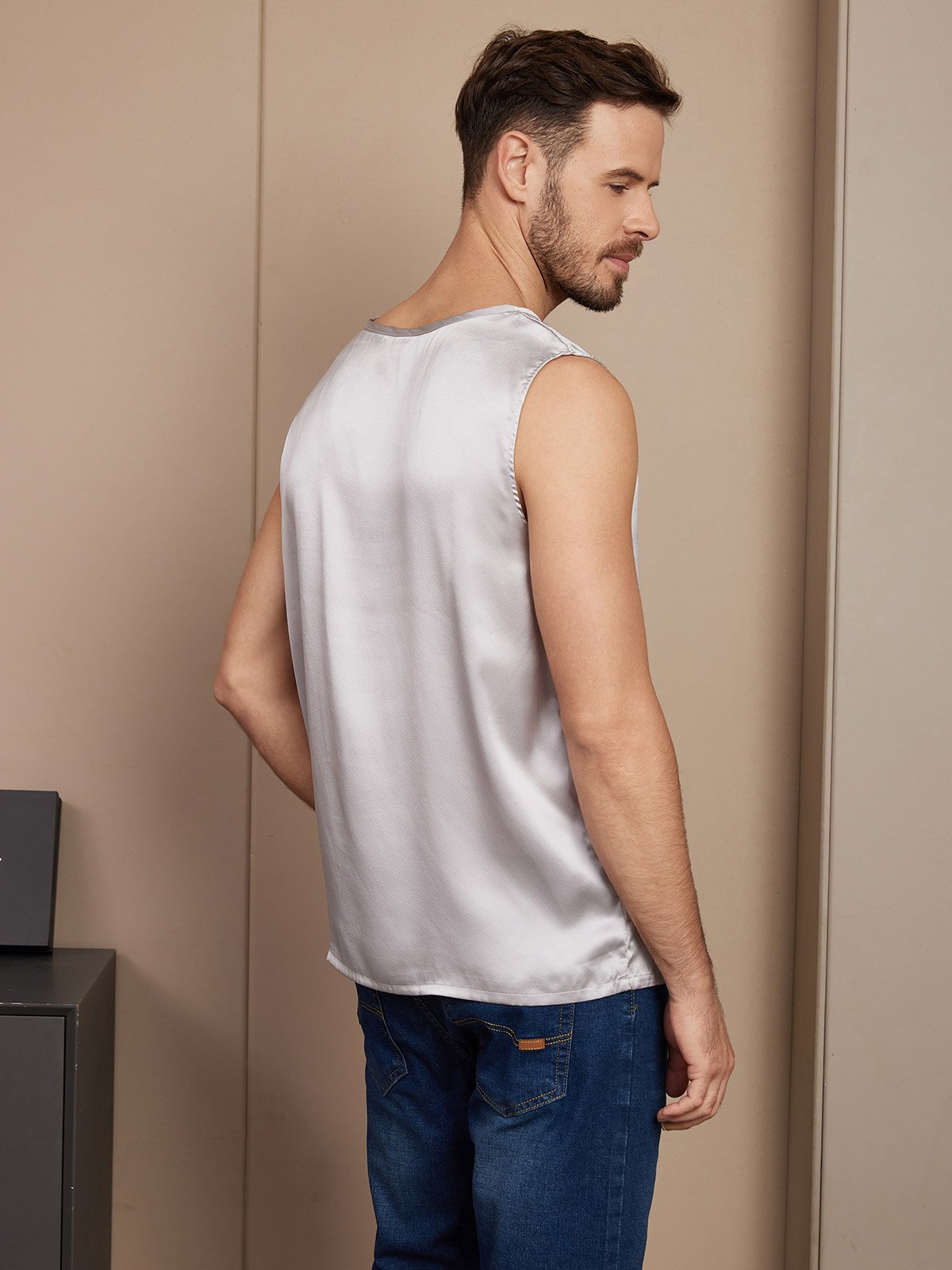 [Silver] SilkSilky Pure Silk Sleeveless Mens T-Shirt 002