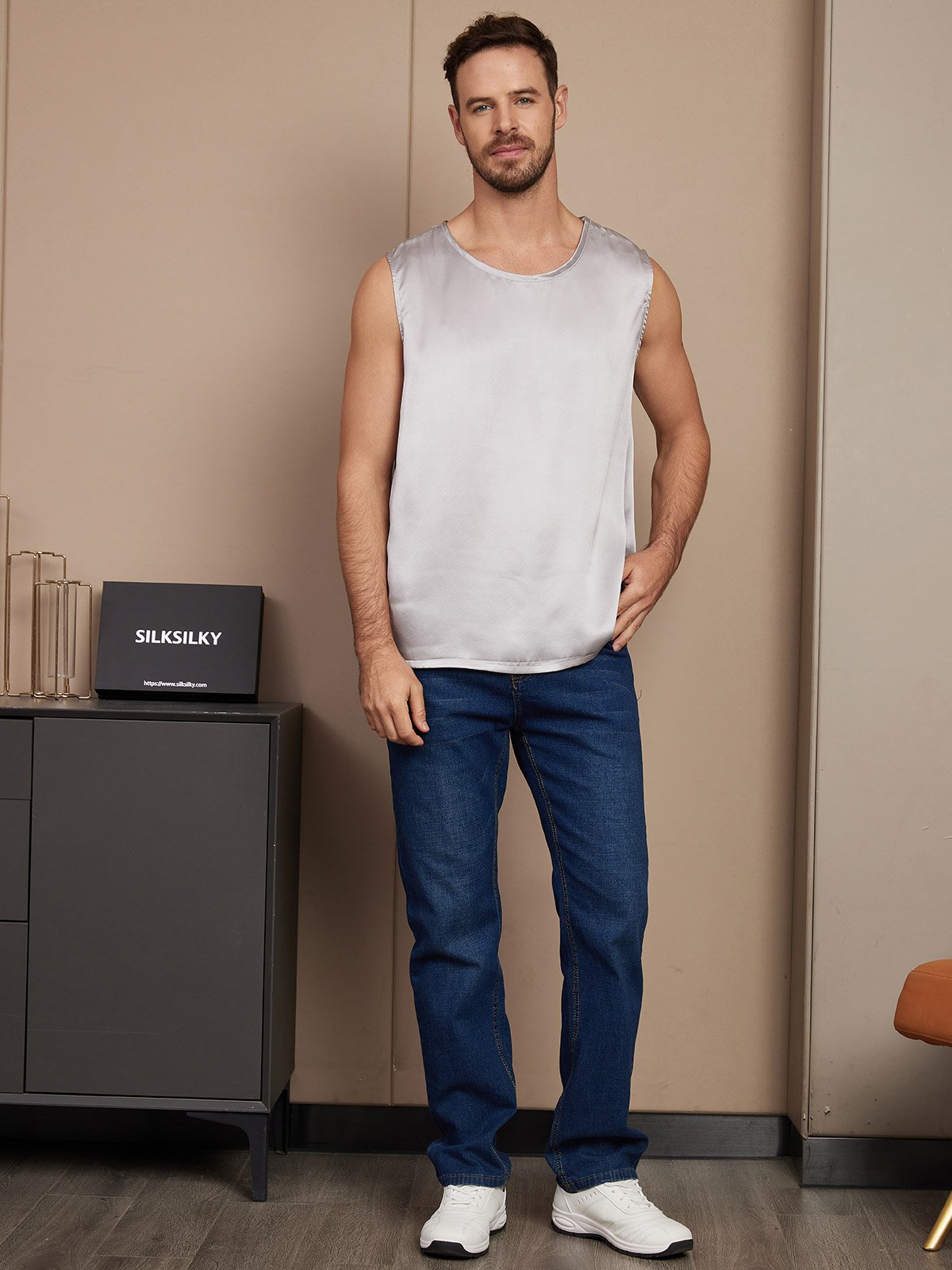 [Silver] SilkSilky Pure Silk Sleeveless Mens T-Shirt 004