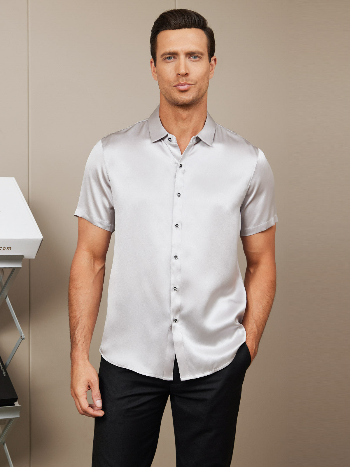 [Silver] SilkSilky Silk Short Sleeve Collar Men's Shirt 001