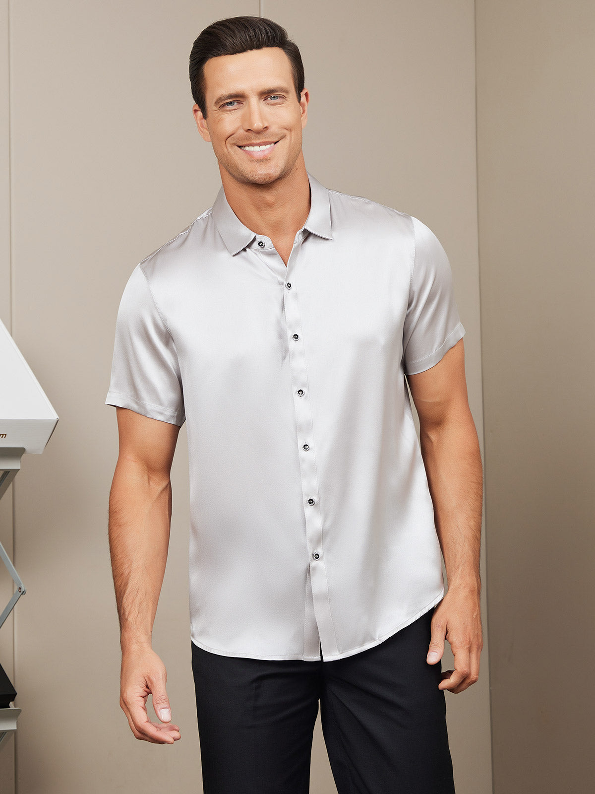 [Silver] SilkSilky Silk Short Sleeve Collar Men's Shirt 004