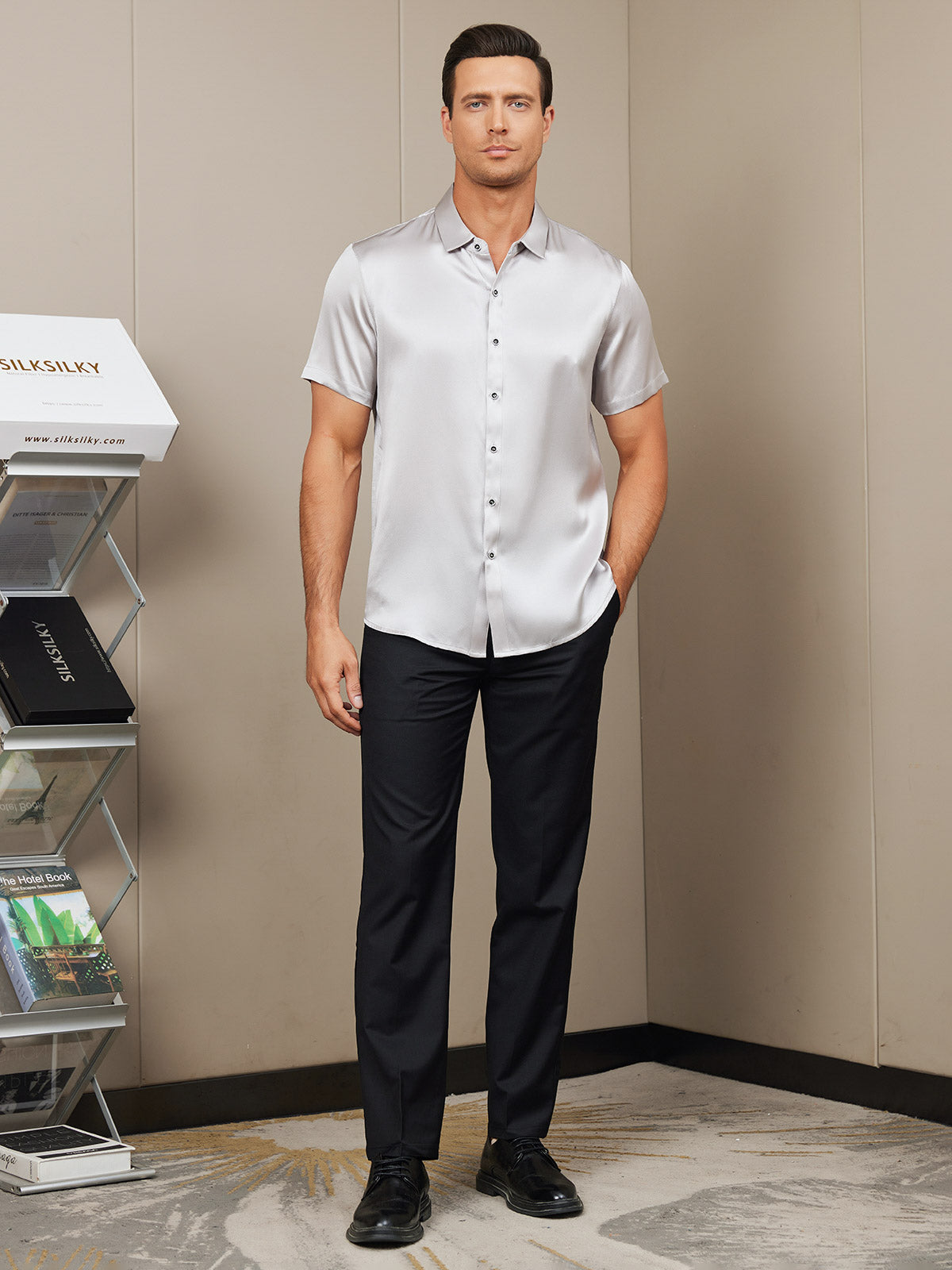 [Silver] SilkSilky Silk Short Sleeve Collar Men's Shirt 007