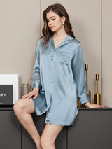 [Steel Blue] SilkSilky  Long Sleeve Notch Collar Nightshirt 004