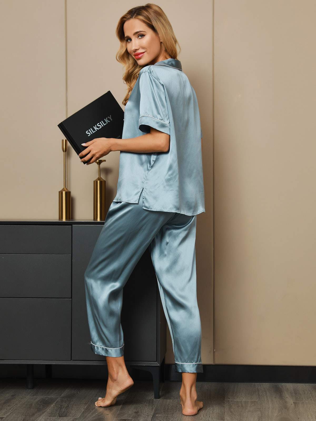 [Steel Blue] SilkSilky Pure Silk Short Sleeve Lapel Women's Pajamas 005