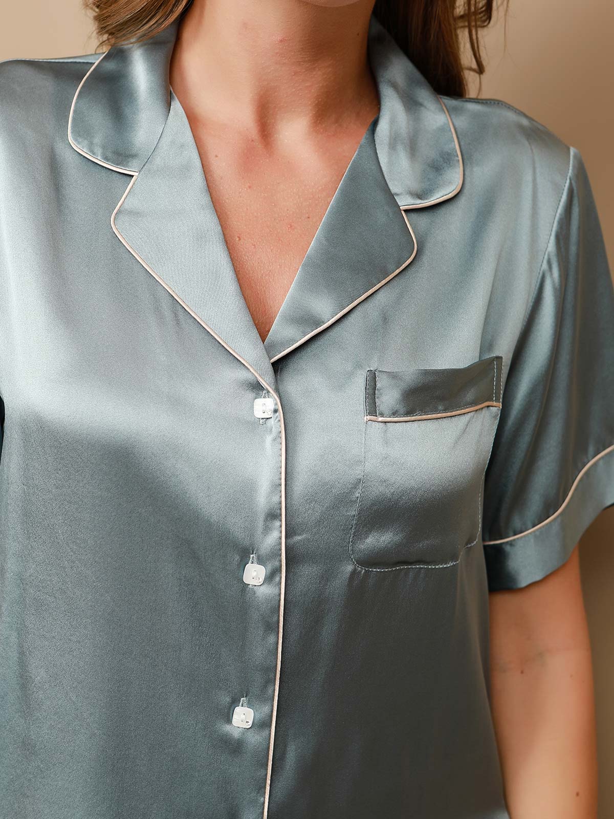 [Steel Blue] SilkSilky Pure Silk Short Sleeve Lapel Women's Pajamas 008