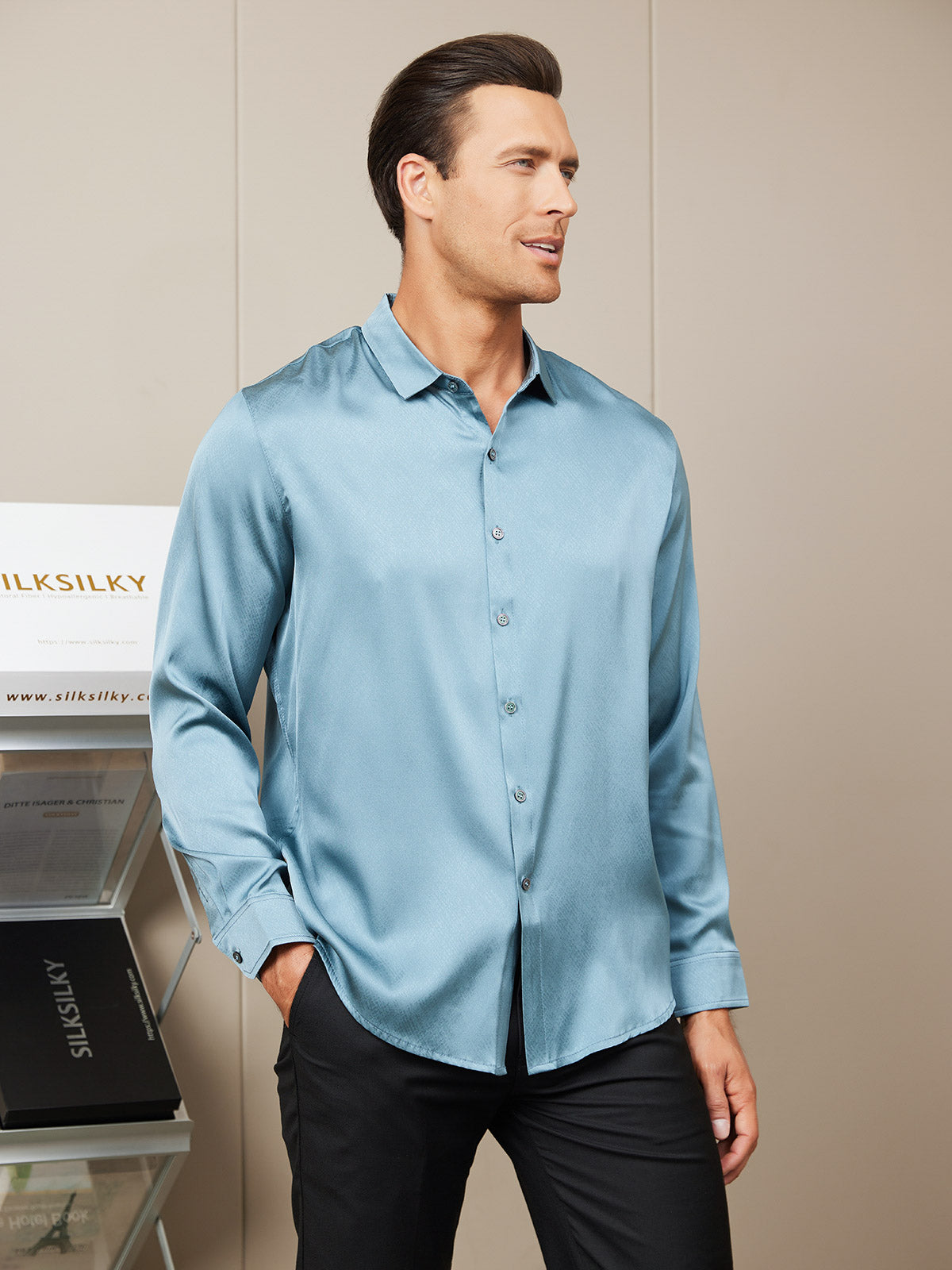 [Steel Blue] SilkSilky Silk Long Sleeve Collar Men's Shirt 001