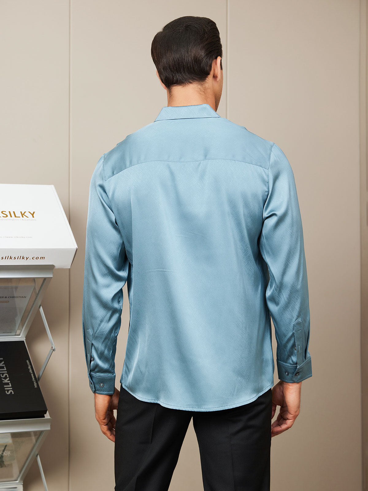 [Steel Blue] SilkSilky Silk Long Sleeve Collar Men's Shirt 002