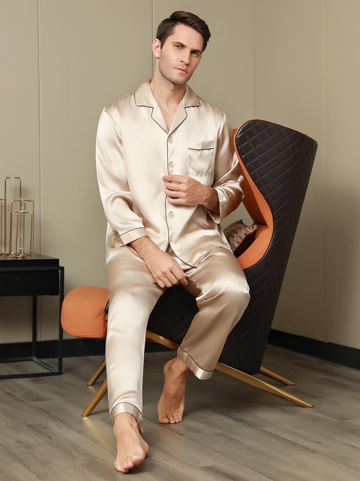 [Tan] SilkSilky Pure Silk Long Sleeve Lapel Men's Pajamas 001