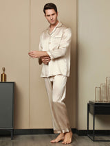 [Tan] SilkSilky Pure Silk Long Sleeve Lapel Men's Pajamas 002