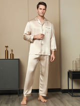 [Tan] SilkSilky Pure Silk Long Sleeve Lapel Men's Pajamas 003