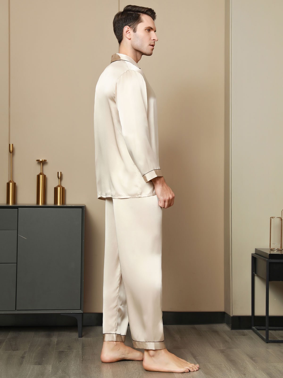 [Tan] SilkSilky Pure Silk Long Sleeve Lapel Men's Pajamas 004
