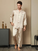 [Tan] SilkSilky Pure Silk Long Sleeve Lapel Men's Pajamas 007