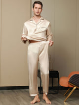 [Tan] SilkSilky Pure Silk Long Sleeve Lapel Men's Pajamas 010