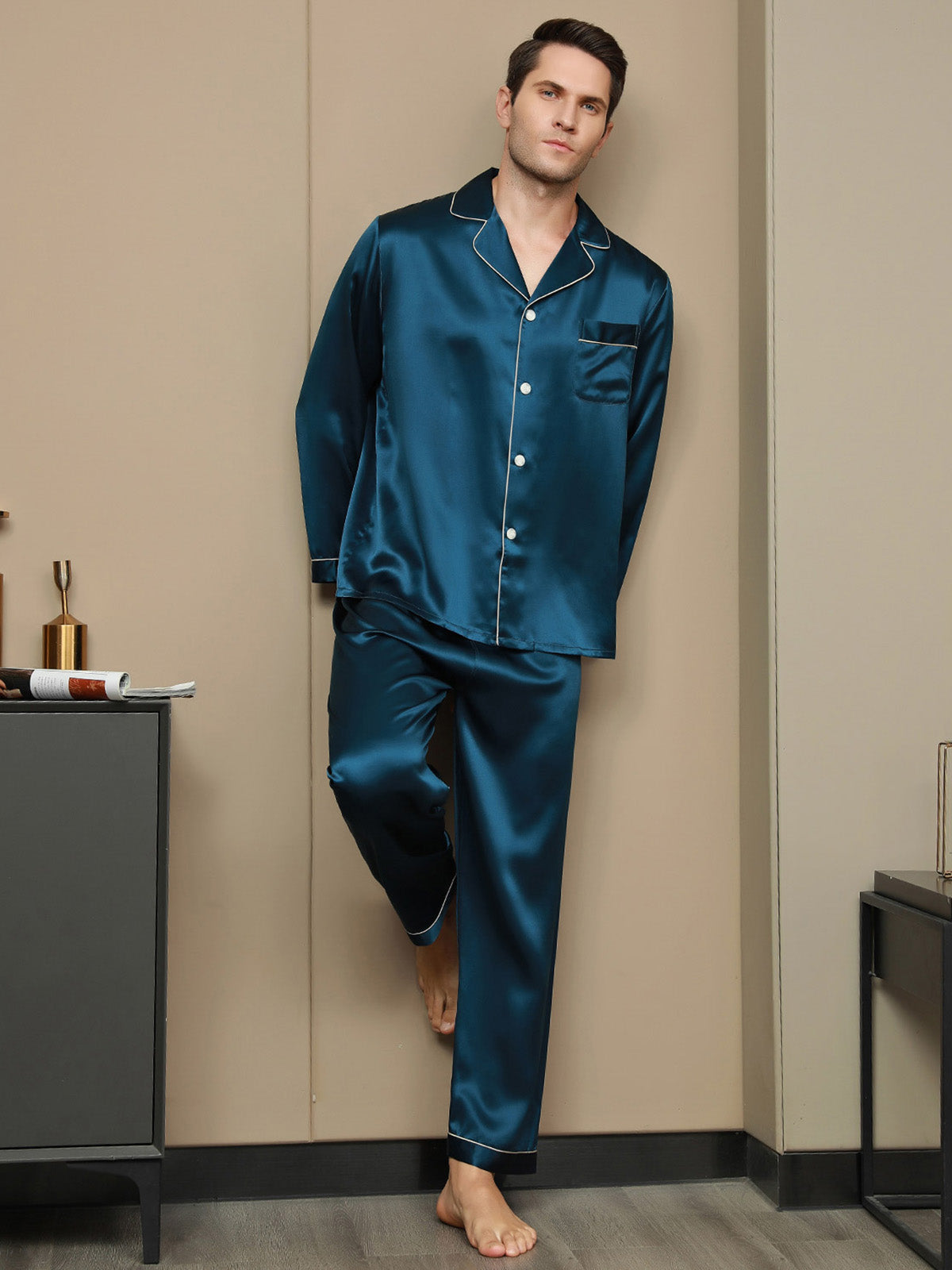 [Teal] SilkSilky 19Momme Pure Silk Long Sleeve Lapel Men's Pajamas 004