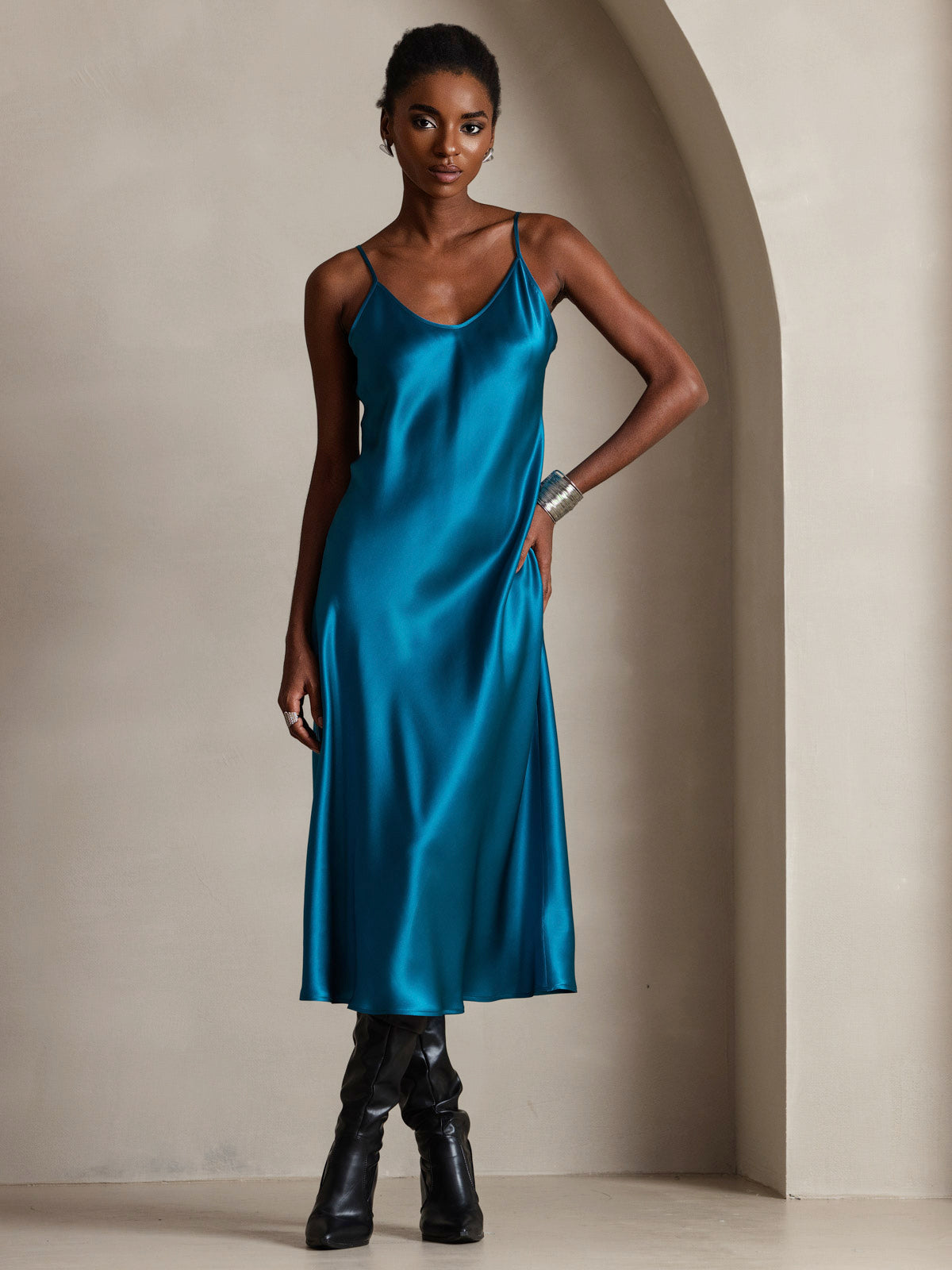 [Teal] SilkSilky Pure Silk Sleeveless Round Neck Dress 001