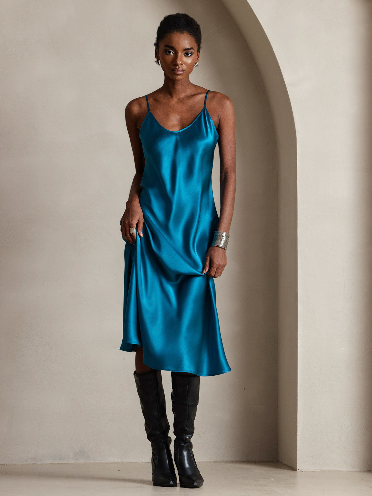 [Teal] SilkSilky Pure Silk Sleeveless Round Neck Dress 004
