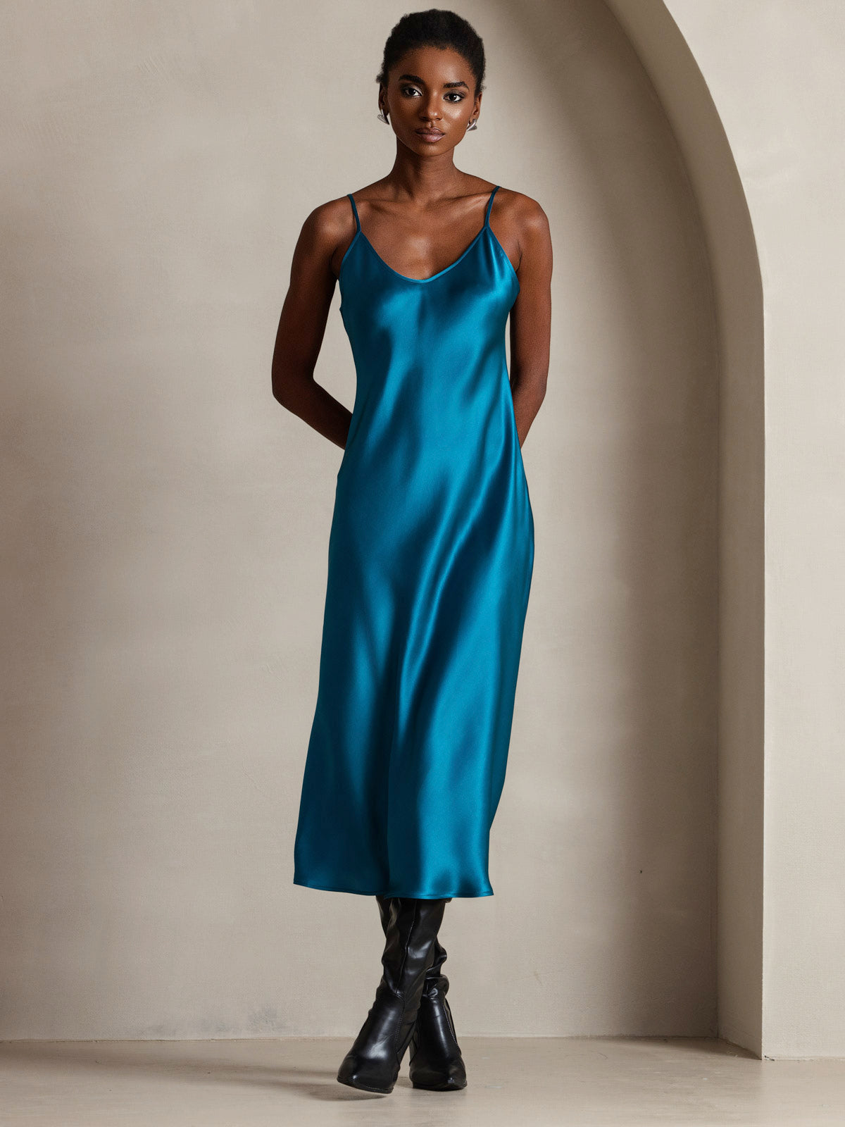 [Teal] SilkSilky Pure Silk Sleeveless Round Neck Dress 005
