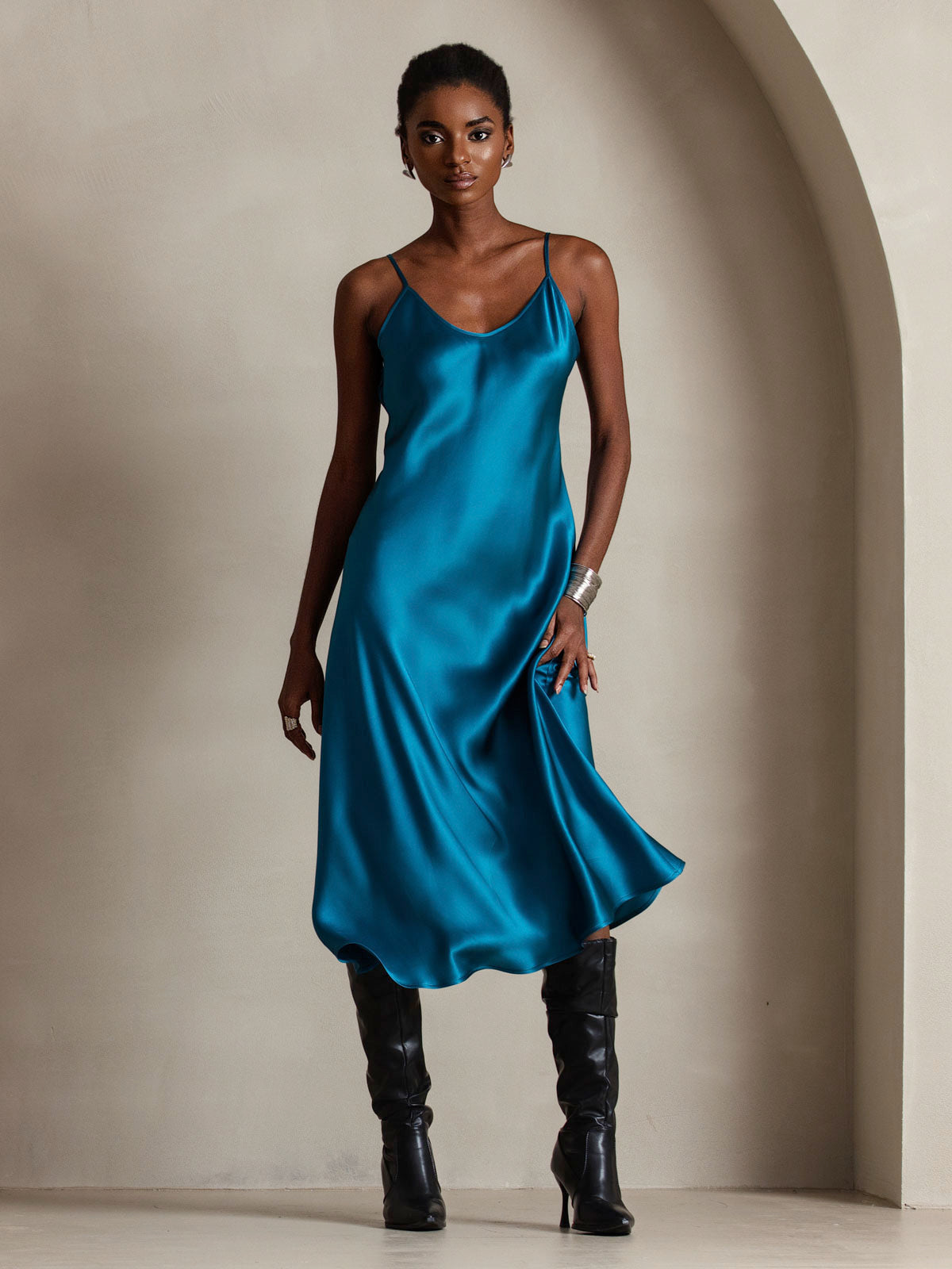 [Teal] SilkSilky Pure Silk Sleeveless Round Neck Dress 006