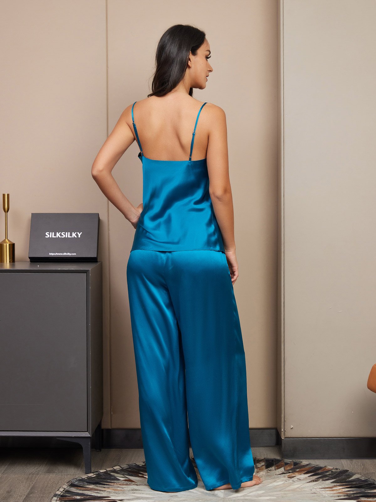 [Teal] SilkSilky  Pure Silk V Neck Camisole Set 002