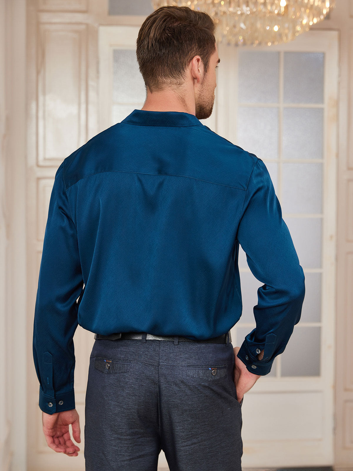 [Teal] SilkSilky Silk Long Sleeve Collar Men's Shirt 002