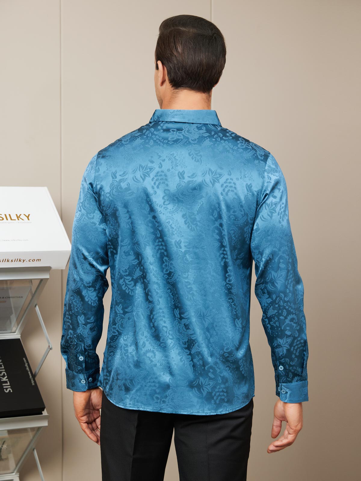 [Teal] SilkSilky Silk Long Sleeve Collar Men's Shirt 003
