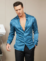 [Teal] SilkSilky Silk Long Sleeve Collar Men's Shirt 004