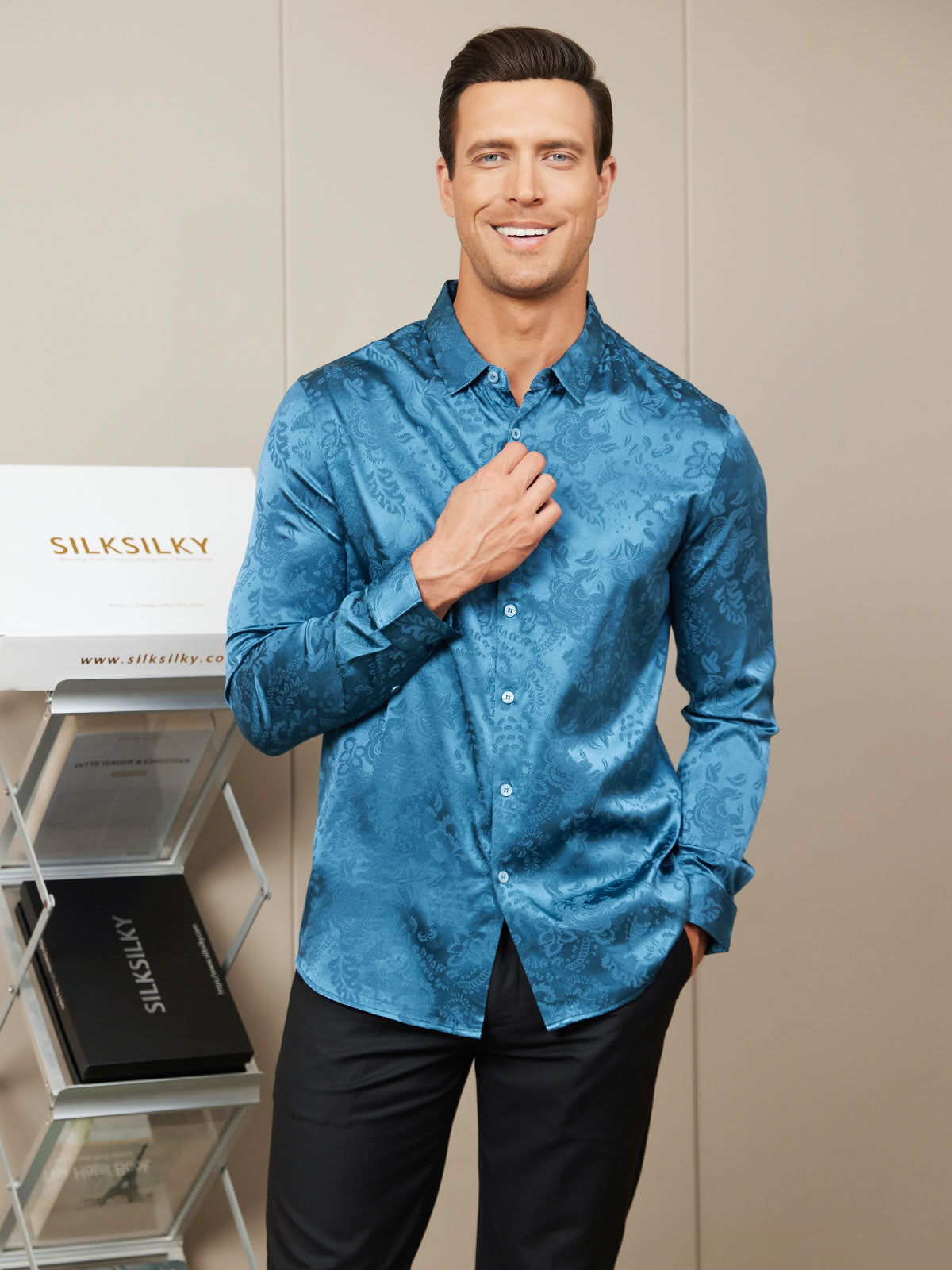 [Teal] SilkSilky Silk Long Sleeve Collar Men's Shirt 005