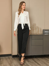 [White] SilkSilky  19Momme Long Sleeve Tie Neck Women's Shirt 005