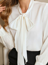[White] SilkSilky  19Momme Long Sleeve Tie Neck Women's Shirt 006