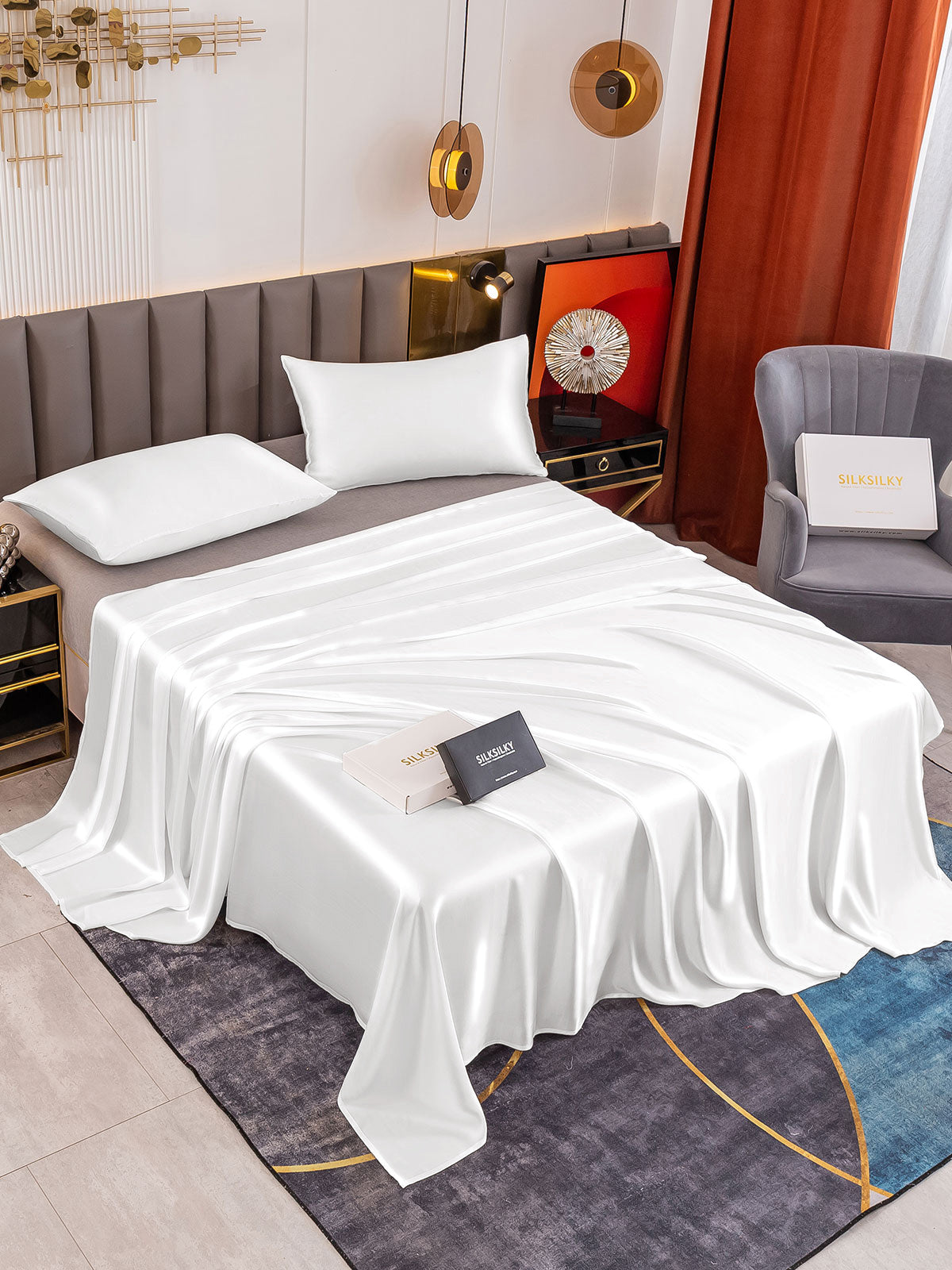 [White] SilkSilky 19Momme Pure Silk Bedding Set 001