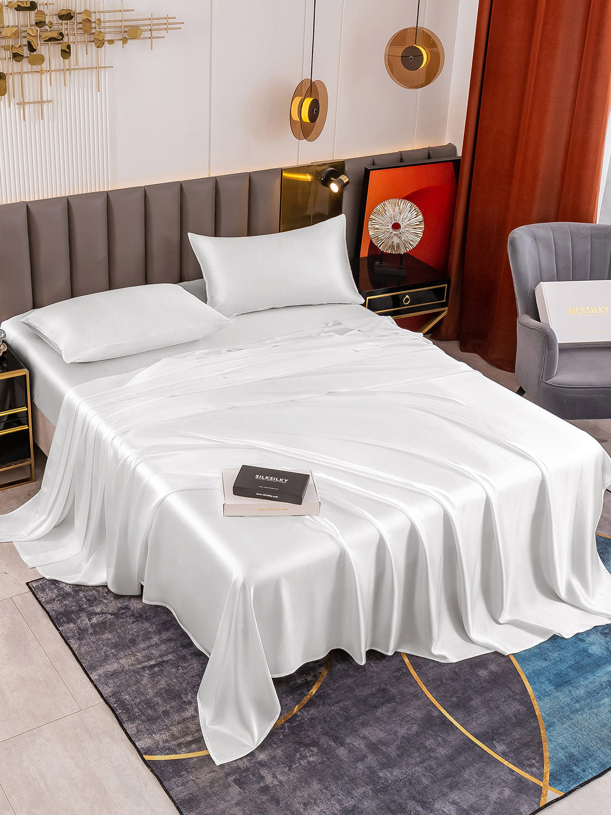 [White] SilkSilky 19Momme Pure Silk Bedding Set 001