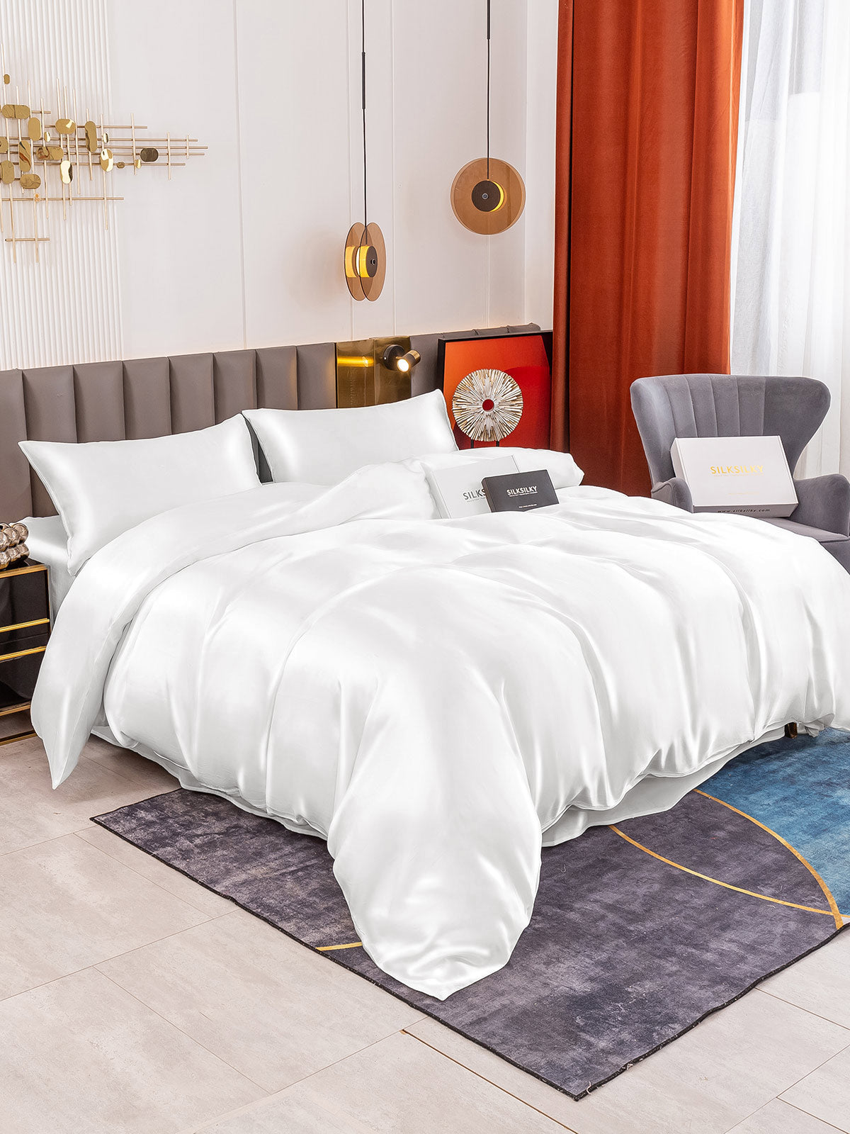 [White] SilkSilky 19Momme Pure Silk Bedding Set 001