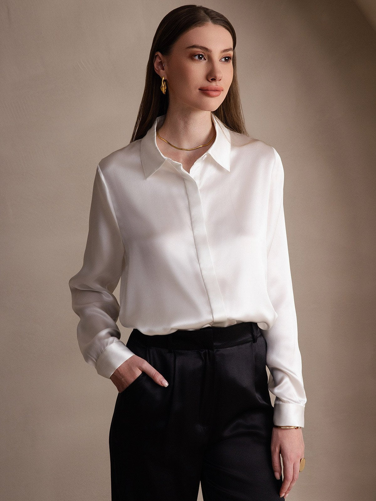 [White] SilkSilky  19Momme Silk Lapel Collar Women's Shirt 001